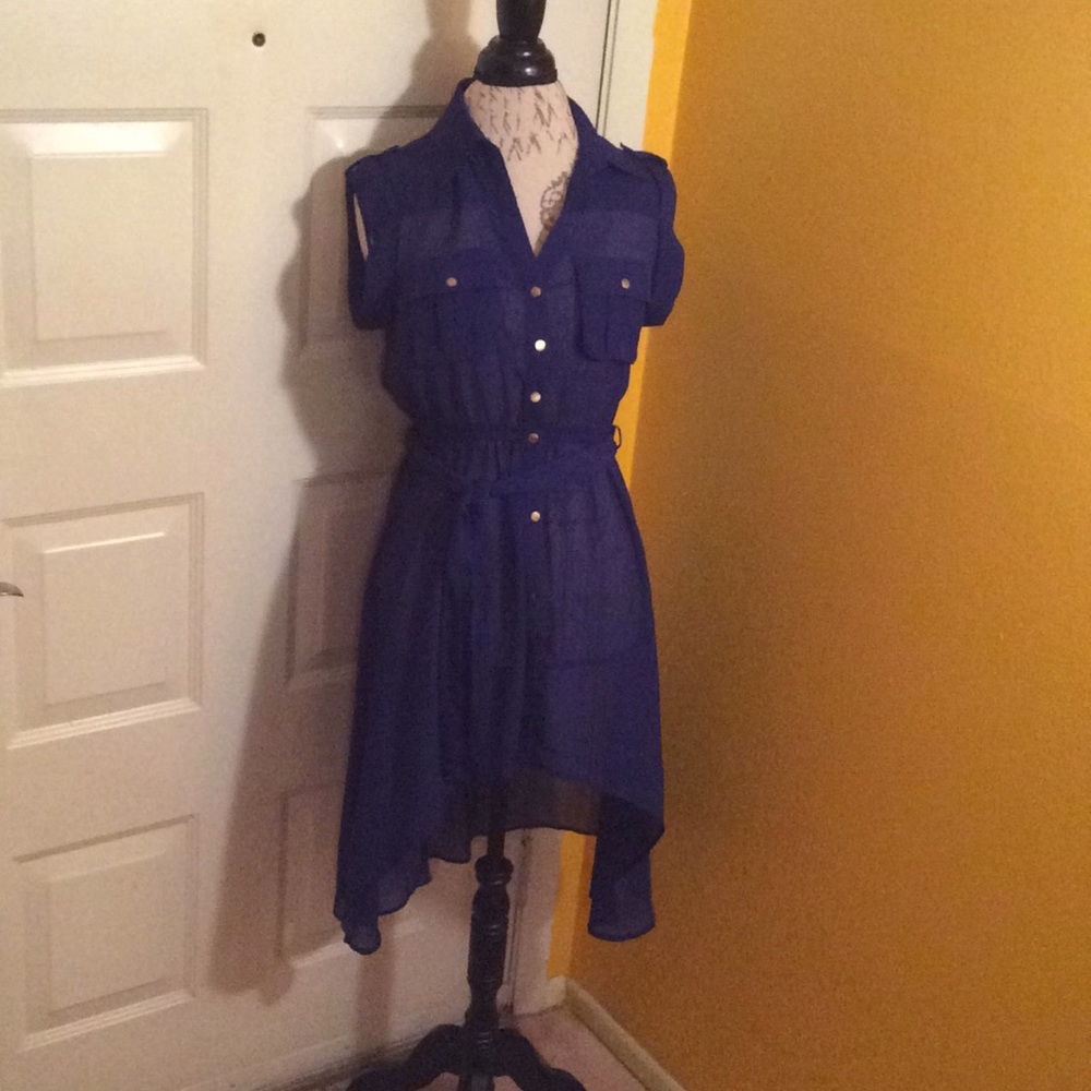Cobalt blue sheer shirt dress